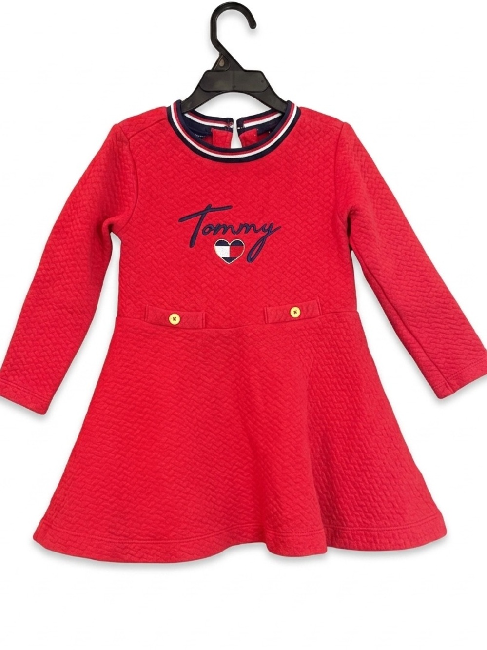 Tommy Hilfiger Girls Red Quilted Long Sleeve Heart Logo Dress size 4